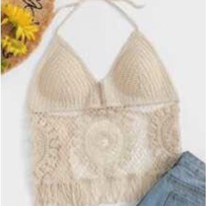 SHEIN Cream Crochet Halter Crop Top
